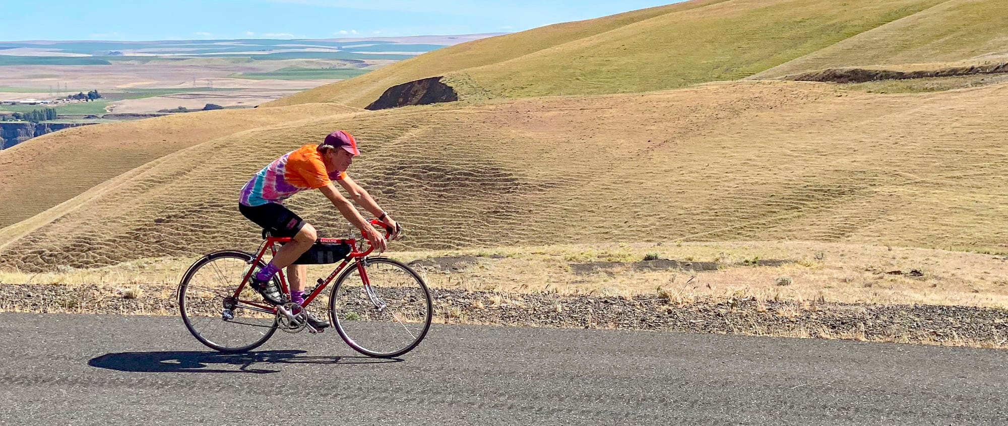 James Thomas descending Dalles Mountain on his classic DeRosa bicycle