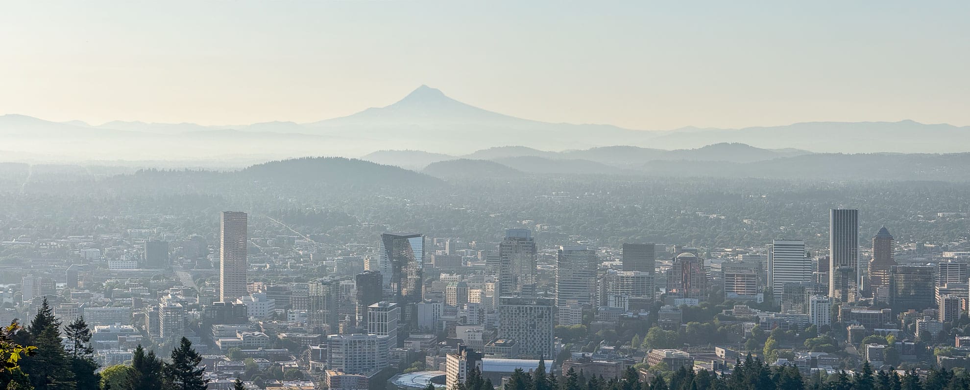 View of the city of Portland with Wy'East (Mt. Hood) in the distance.